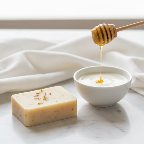 Goat's milk and honey soap bar on white marble with honey dipper and fresh goat's milk