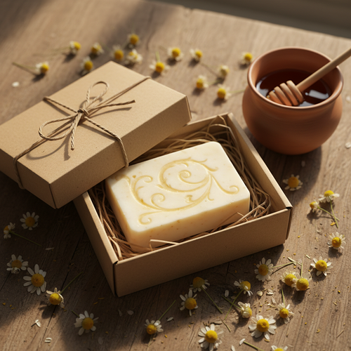 Handcrafted goat's milk and honey soap bar in kraft paper gift box with chamomile flowers
